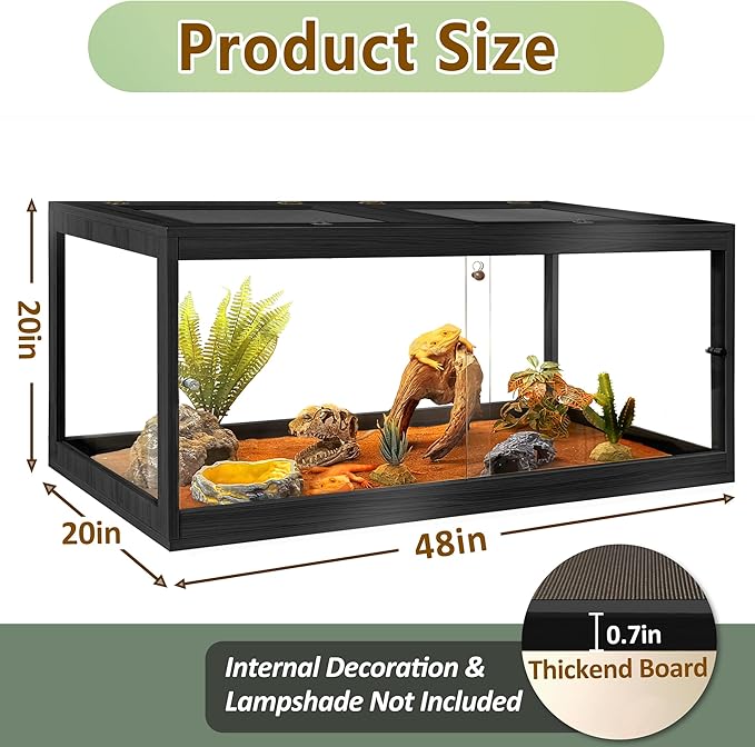 PROLEE Bearded Dragon Tank,Tempered Glass Reptile Tank with Mesh Roof and Front Sliding Door,Anti-Scratch Lizard Tank,Spacious Reptile Enclosure for Snakes,Lguanas (Black, 81Gallons,48"x20"x20")