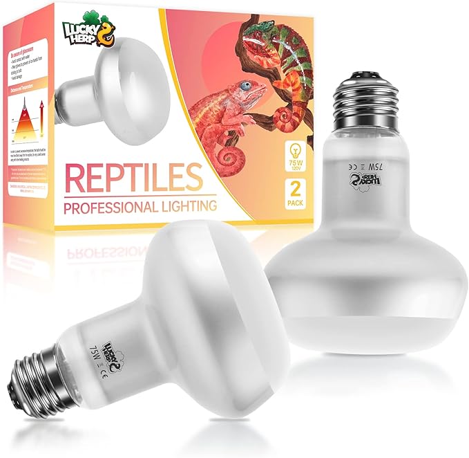 LUCKY HERP Intense Heat Lamp Bulbs for Reptiles 75W 2 Pack, UVA Daylight Reptile Heat Lamp, Reptile Basking Heat Light Bulb for Amphibian, Tortoise, Bearded Dragon, Lizard, Turtle, Snake Heating Use