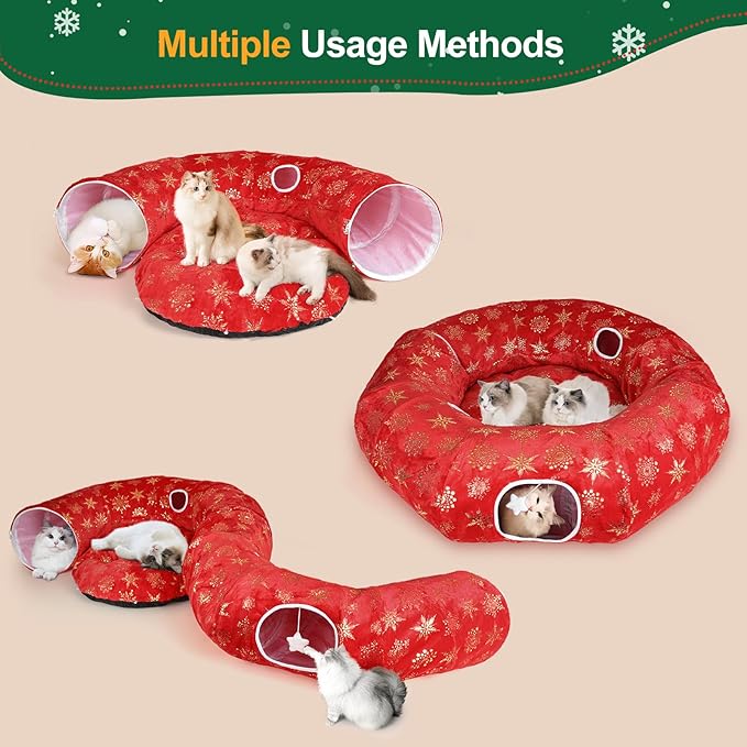 Cat Tunnel Bed for Indoor Cats, XL Christmas Tree Skirts Washable Warm Soft Indoor Cat Donut Tunnel, Multifunctional Cat Interactive Playground Toys for Felines Pet Christmas Tree Decoration