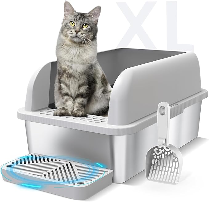 Enclosed Stainless Steel Cat Litter Box with Lid Extra Large Litter Box for Big Cats XL Metal Litter Pan Tray with High Wall Sides Enclosure, Non-Sticky, Anti-Leakage, Easy Cleaning