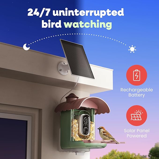 Bird Feeder with Camera – AI Identifies 10,000+ Birds, Real-Time Alerts & Two-Way Audio – Solar & Wired Powered, IP65 Waterproof for Backyard, Garden, Patio – Ideal for Bird Lovers