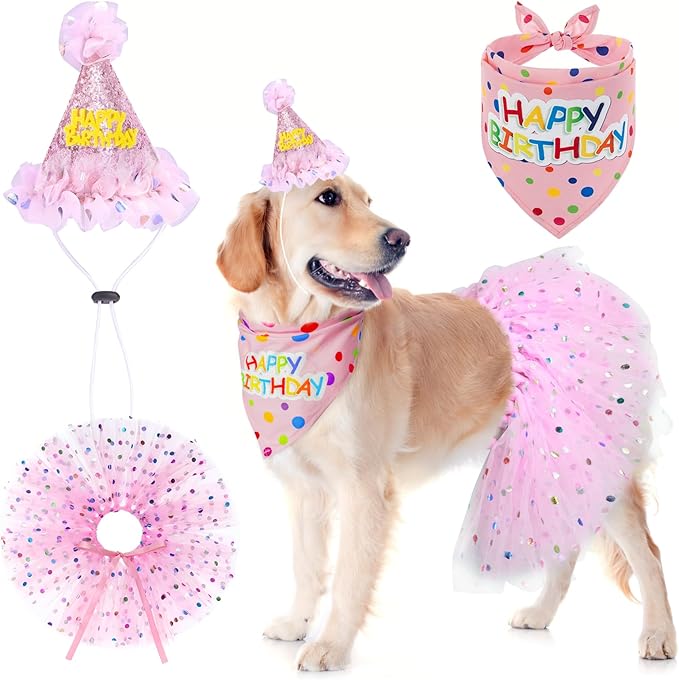 SCENEREAL Dog Birthday Bandana with Hat and Dress Girl Set, Large Dog Birthday Party Supplies, Cute Pink Tutu Skirt Outfit for Medium Large Dogs