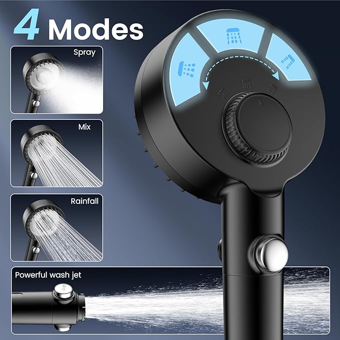 Filtered Shower Head with Handheld, High Pressure 4 Spray Mode Showerhead with Filters, Water Softener Beads for Hard Water with ON/OFF Switch for Pets - Remove Chlorine