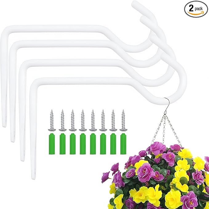 White Metal Wall Hooks Hanging Plant for Bird Feeders, Wind Chimes, Flower Baskets.Wall Plant Hangers Indoor/Outdoor (White, 4PCS)
