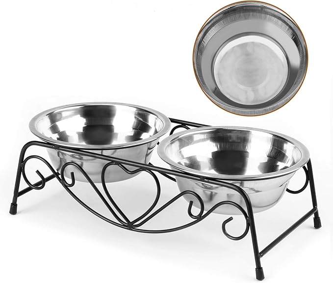 Elevated Dog Cat Bowls, Stainless Steel Double Dog Cat Food Water Bowls Feeder Dishes with Retro Iron Stand Pets Raised Double Dish Feeder Pet Bowls for Small Dogs and Cats
