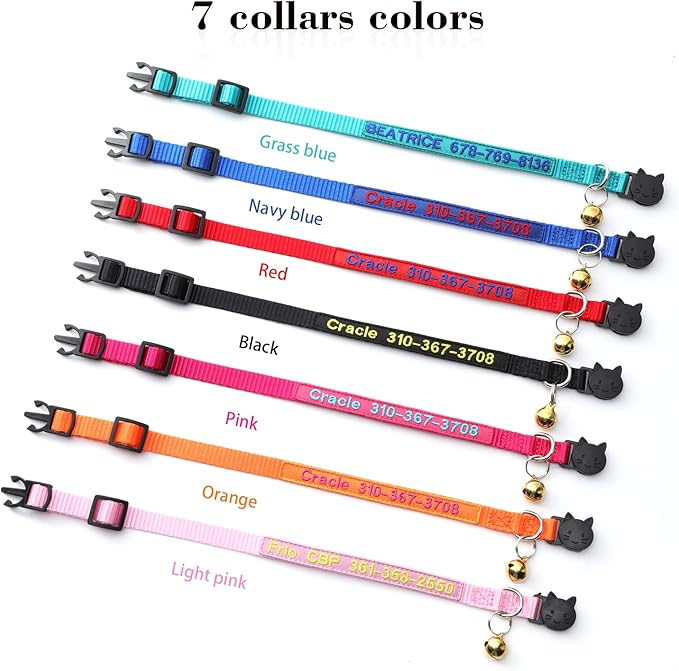 shangye Personalized Cat Collar, Custom Embroidered Cat Collars with with Name and Phone Number, Nylon ID Collar for Cat or Kitten with Breakaway Safety Release Buckle with Bell