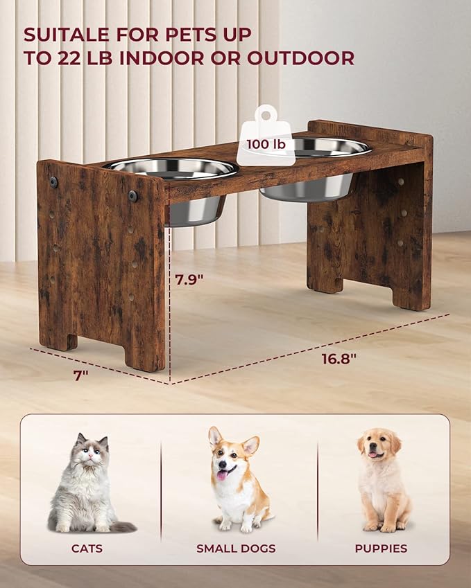 Vantic Elevated Dog Bowls, Adjustable Raised Dog Bowl Stand for Small Puppy and Cats, Sturdy Pet Food Feeder with 2 Stainless Steel Dishes, Rustic Brown