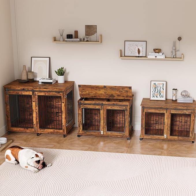 IchbinGo Large Dog Crate Furniture, 47" Wooden Dog Kennel with Sliding Barn Door, Flip-Top Lid & Wheels, Indoor Pet Crate Table with Detachable Divider for Small/Medium/Large Dogs (Rustic Brown)