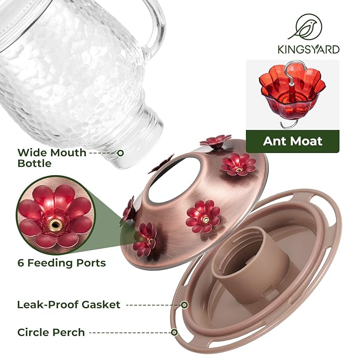 Kingsyard Glass Hummingbird Feeders for Outdoors, 16 Oz Wild Bird Feeder 6 Feeding Ports & Ant Moat Included, Hanging Bird Nectar Feeder for Garden Tree Yard Outside Decoration, Clear