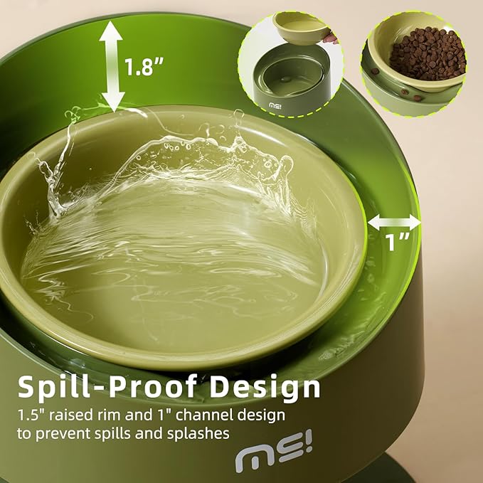 MS!MAKE SURE Adjustable Raised Cat Bowls, Ceramic Elevated Cat Bowls, Pet Bowl with Anti - Slip Rubber Pad, Leak - Proof, Lead & Cadmium Free, Whisker - Friendly, for All Life Stages of Age Green