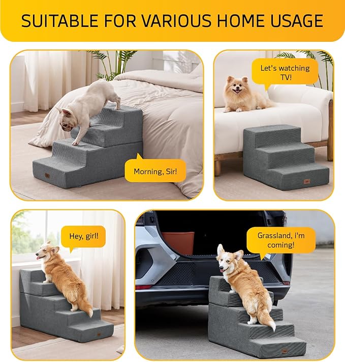 Dog Stairs for Bed, Dog Steps for Bed Couch Sofa, 35D Foam Pet Steps for Small Dogs and Cats, Extra Wide Pet Stairs with Non-Slip Bottom Grey, 3 Steps