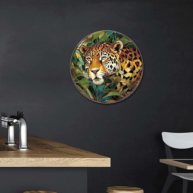 Lygond Metal Sign Tin Sign Circular Stained Glass Jaguar Minimalist Wall Art for Garage 12×12 Inches
