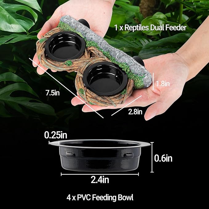 REPTI ZOO Magnetic Reptile Feeder Ledge, Gecko Feeder with 4 Cups, Hollow Vine Food Dish, Water Bowl for Lizard & Snake, Terrarium Accessories