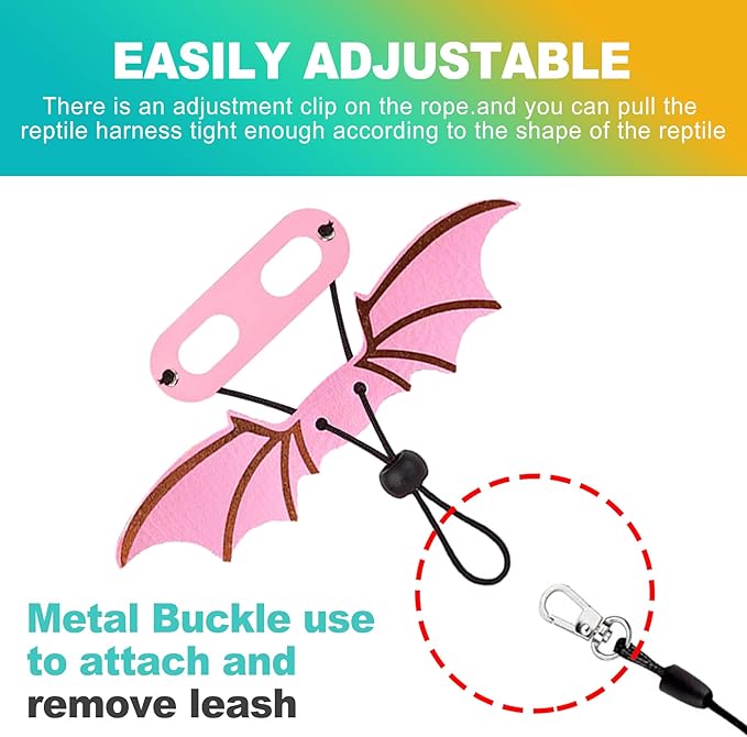3 Sizes S/M/L Adjustable Soft Leather Bearded Dragon Leash and Harness Set with Cool Wings, Reptile Lizard Costume Accessories for Geckos, Iguanas, Small Pets, Outdoor Walking