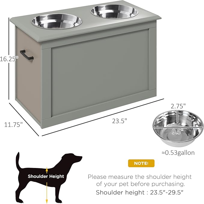 PawHut Raised Pet Feeding Storage Station with 2 Stainless Steel Bowls Base for Large Dogs and Other Large Pets, Gray