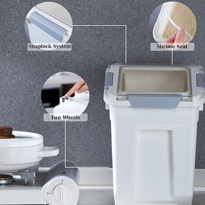 HANAMYA 10 Liter / 20 lbs Rice Storage Container with Measuring Cup, BPA free, For Rice | Grain | Pet Food | Flour, 2 count, White