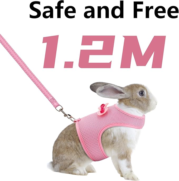 AIITLE Adjustable Rabbit Harness with Cute Bow - Breathable Vest, Anti-Escape Buckles, Reflective Leash for Training, Parties - Fits Rabbits, Hamsters, Mini Pets Pink L