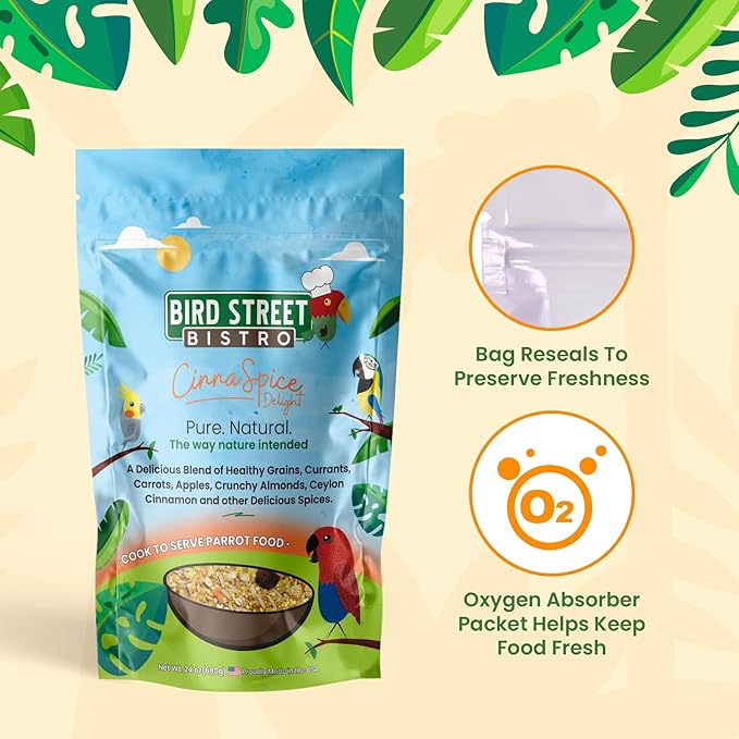 Parrot Parakeet Cockatiel Food - Bird Food - Cooks in 3-15 min with Natural & Organic Grains - Legumes - Non-GMO Fruits, Vegetables, & Health Orientated Spices (4.00 Pound (Pack of 1), CinnaSpice)