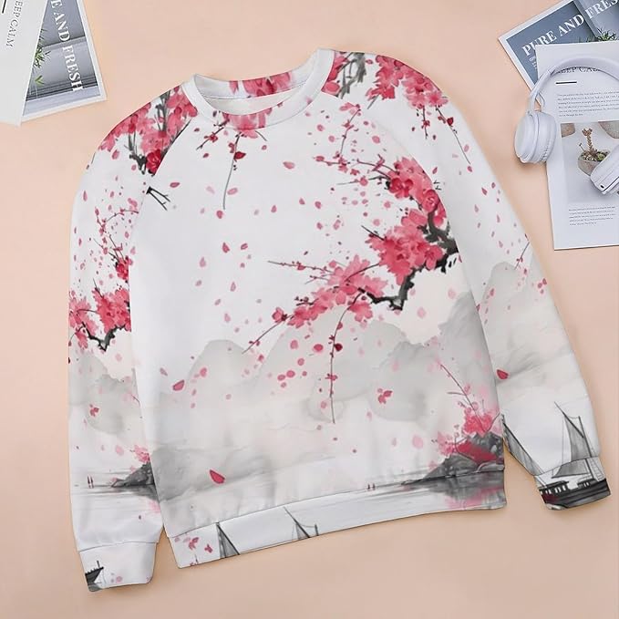 Womens Long Sleeve Tops Y2k Japanese Art Print Sweatshirts Fall Pullover for Women Crewneck Vintage Shirts Boho Tops