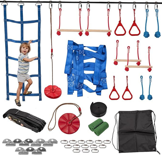 Slsy Ninja Warrior Obstacle Course for Kids, 50FT Durable Ninja Slackline Kit with 8 Complete Accessories, Playset Equipment with Swing, Climbing Net, Ladder & Monkey Bars (8 Obstacles)