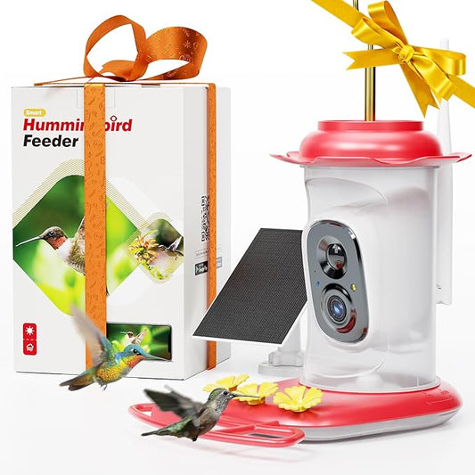 LongPlus® Solar Hummingbird Feeder with Camera for Outdoors,Smart Bird Camera with 2K Live Video,Ant Guard Pole Base,AI Bird Identify,Ant Moat,Bee Proof with 3 Feeding Ports, Ideal