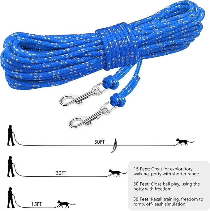 Rypet Reflective Cat Long Leash 15 FT Escape Proof Walking Leads Yard Long Leashes Durable Safe Personalized Extender Leashs Traning Play Outdoor for Kitten, Puppy, Rabbit and Small Animals