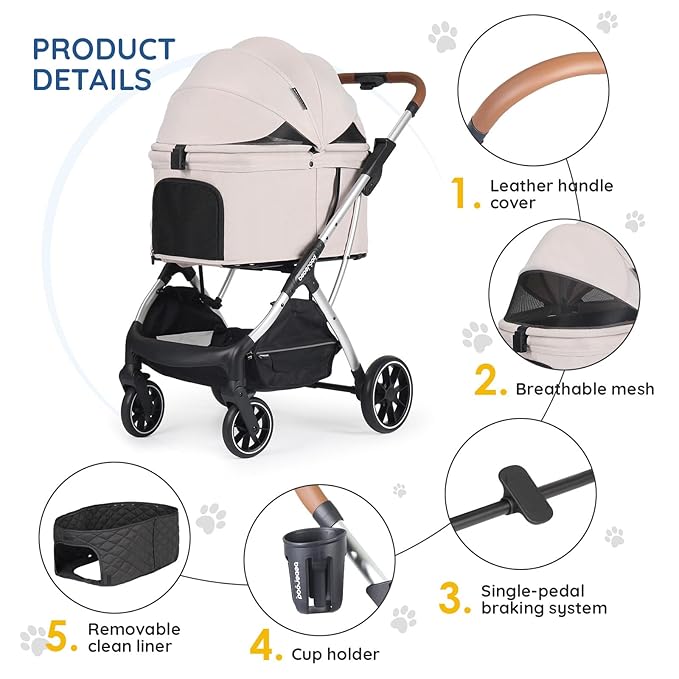 T5 Luxury Pet Stroller for Medium Dog Under 60lbs or 2 Small Dogs & Cats with 180 ̊Canopy, Sun Shades, Auto-Folding Stroller for Multiple Pets（Beige）