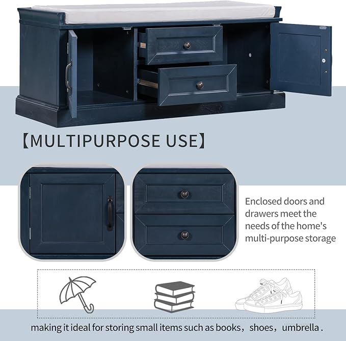 Storage Bench with 2 Drawers and 2 Cabinets, Pine Wood Shoe Bench with Removable Cushion for Living Room, Entryway 42.5" L x 15.9" W x 17.5" H (Antique Navy)