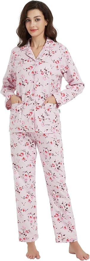 GLOBAL Flannel Pajamas for Women 2-Piece Comfy and Cozy Flannel Pj Set Cotton Loungwear