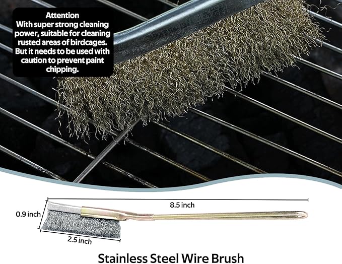 5Pcs Bird Cage Cleaner Kit, Stainless Steel Bird Poop Remover Brush & Scraper & Fork, Birdcage Cleaning Tools, Parakeet Bird Cage Accessories for Small Animal Cage Clean