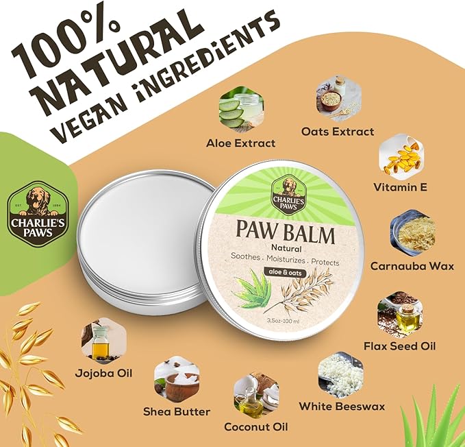 CHARLIE'S PAWS Paw Balm for Dog and Cat Paw Pad Balm Dog Nose Balm Cat Butter Paw Moisturizer Protect Dry Cracked Paw Foot Paw Elbows with 100% Natural Oil 3.5 Oz (2 Pack Aloe & Oats)