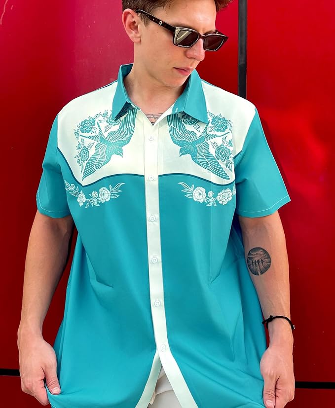 Men’s Hawaiian Shirt Western Cowboy Symmetrical Print Short Sleeve Button Down Casual Beach Holiday Summer Shirt