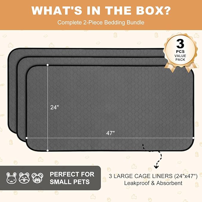 Washable Guinea Pig Liners for Cage, 3 Pack 24" X 47" Super Absorbent Reusable Guinea Pig Bedding Pee Pads Tarp Bottom for C&C Cage with Rabbits, Bunny, Chinchesillas, and Other Small Animals