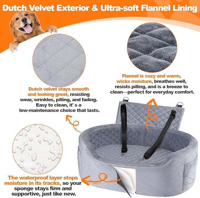 Dog Car Seat for Medium Large Dogs Up to 25.59", 28D High-Density Memory Foam with Waterproof Cover, Pet Travel Bed with Storage Pockets, Blanket, Dog Safety Belt, Grey