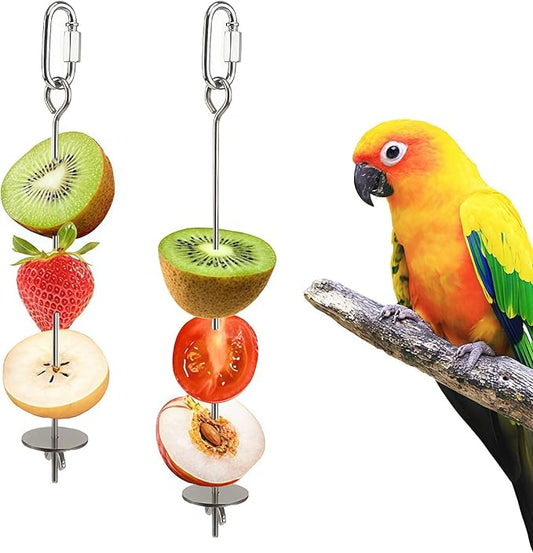 2 Pcs Bird Cage Food Holder Stainless Steel Parrot Fruit & Vegetable Skewer Hanging Foraging Toy for Parakeets, Budgies, Macaws