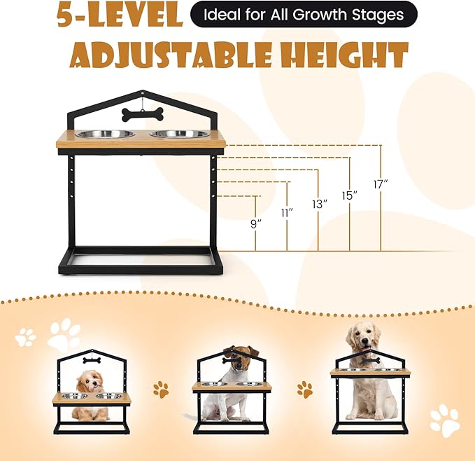 Giantex Elevated Dog Bowls Stand, 5 Adjustable Heights, 2 Stainless Steel Bowls, Non-Slip Metal Frame, Raised Pets Cats Feeding Station, Tall Dog Food Water Bowl Holder Stand (Natural & Black)