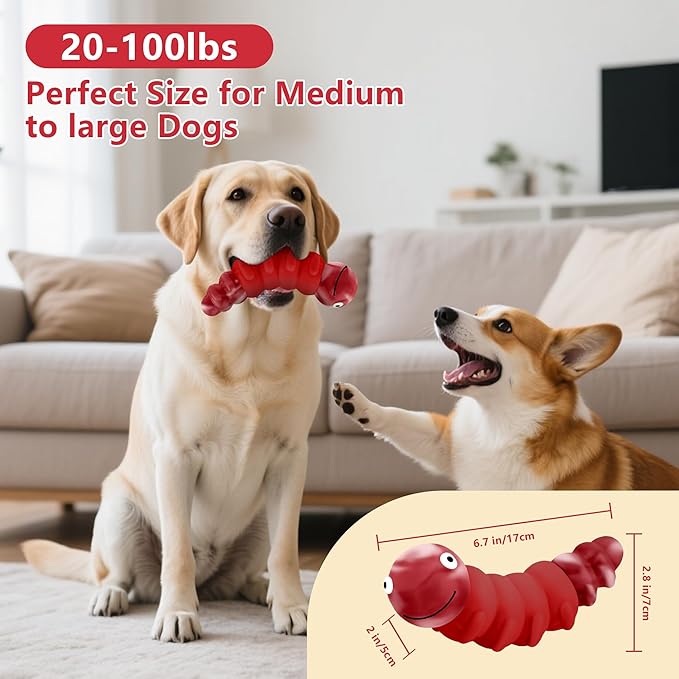 Caterpillar Dog Chew Toys for Aggressive Chewers, Tough Indestructible Squeaky Dog Toy with Beef Flavor Nylon Rubber for Large Medium Dogs to Keep Them Busy and Reduce Boredom (Red)