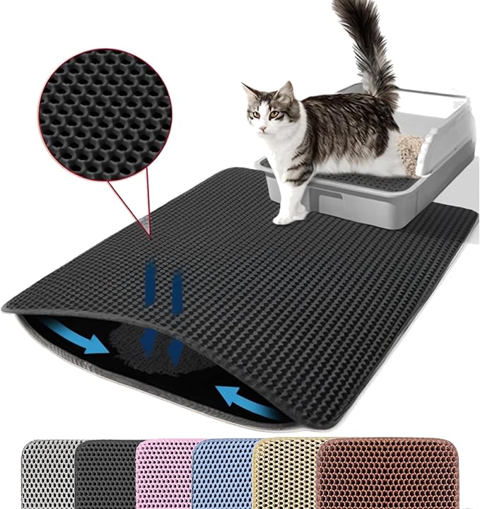 Jumbo Cat Litter Mat, 46x26 Inches Double Layer Honeycomb Litter Trapping Mat, Non Slip Waterproof Urine Proof Extra Large Cat Litter Box Mat, Kitten Supplies and Essentials, XXL, Black