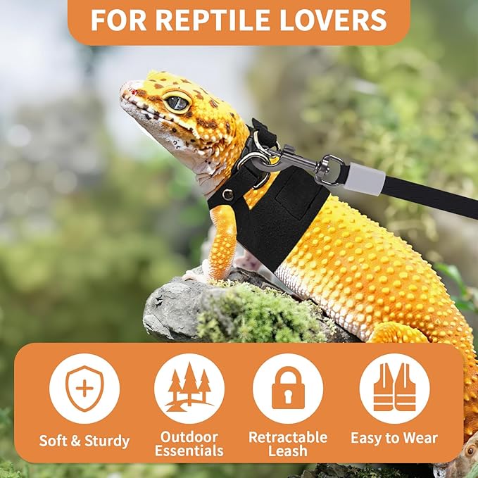 3 Pack Bearded Dragon Leash and Harness Set, Retractable 9.8FT Leash with 3 Sizes Adjustable Soft Harness for Reptile Small Animals Walking, Cute Lizard Vest Clothes for Reptile Lovers -Black