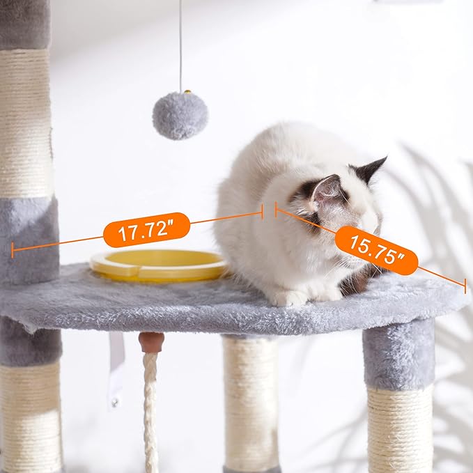 Heybly Cat Tree, Cat Tower for Indoor Cats with Scratching Board, Multi-Level Cat Furniture Condo with Feeding Bowl, Light Gray HCT010MW