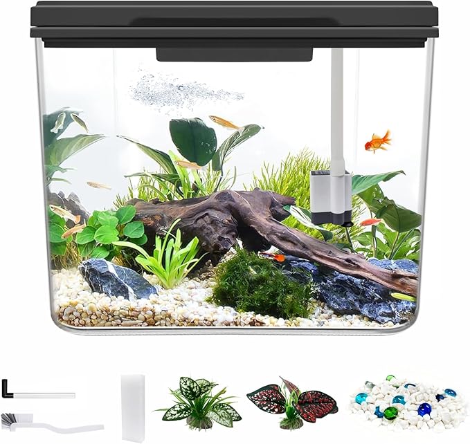 Small Fish Tank Kit 1.8 Gallon, Aquarium Starter Kit with Super-Quiet Water Pump, Dual Rain Filtration, Self Cleaning Function, Shatter-Resistant & Leak-Proof Base (Black)