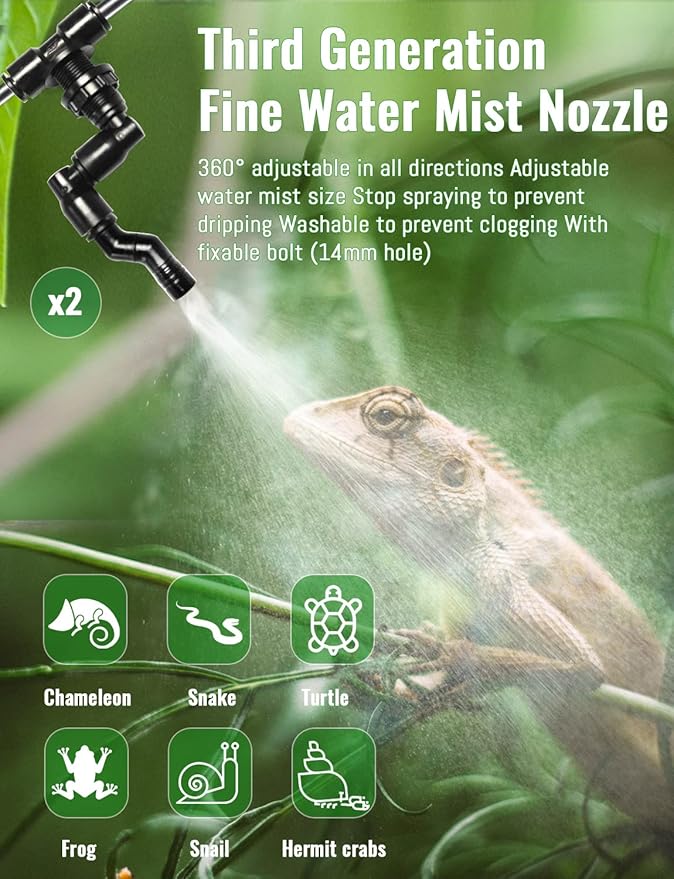 Reptile Mister Automatic, Quiet Reptile Misting System with Timer, Reptile Fogger Humidifiers with Fine Water Mist Nozzles, Terrarium Mister Humidifiers with Water Shortage Protection