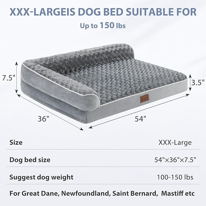 BFPETHOME Orthopedic Dog Bed for Extra Large Dogs-Big Waterproof Sofa Dog Bed with Removable Washable Cover, Large Pet Bed with Waterproof Lining and Nonskid Bottom,Pet Bed for Large Dogs, Grey