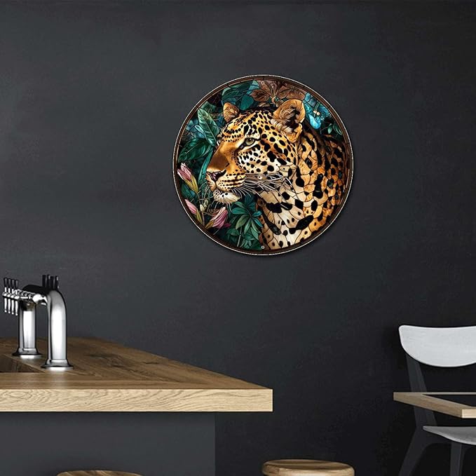 Lygond Metal Sign Tin Sign Circular Stained Glass Leopard Metal Signs Vintage For Restaurant 8×8 Inches