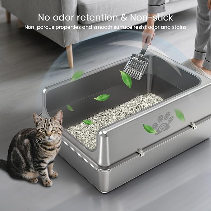 Enclosed Stainless Steel Cat Litter Box with Lid, Oversize Metal Litter Box for Multi Cats, XXXL Supersize Cat Toilet with High Side, Non-Stick, Anti-Leakage, Odorless, with Litter Mat & Litter Scoop