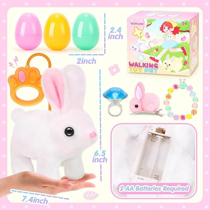 Hopping Plush Bunny Easter Interactive Toys for Kids,Can Wagging Tail and Twitching Nose with Remote Control Leash,Easter Eggs and Decorations,Easter Christmas Birthday Gift for Toddlers