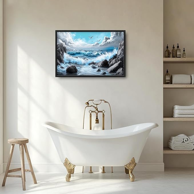 Extra Large Framed Abstract Sea Ocean Wall Art,Black and White Wall Decor, Coastal Seashore Pictures for Living Room,Canvas Print Painting Modern Artwork Bedroom Office Bathroom 36L x 24W