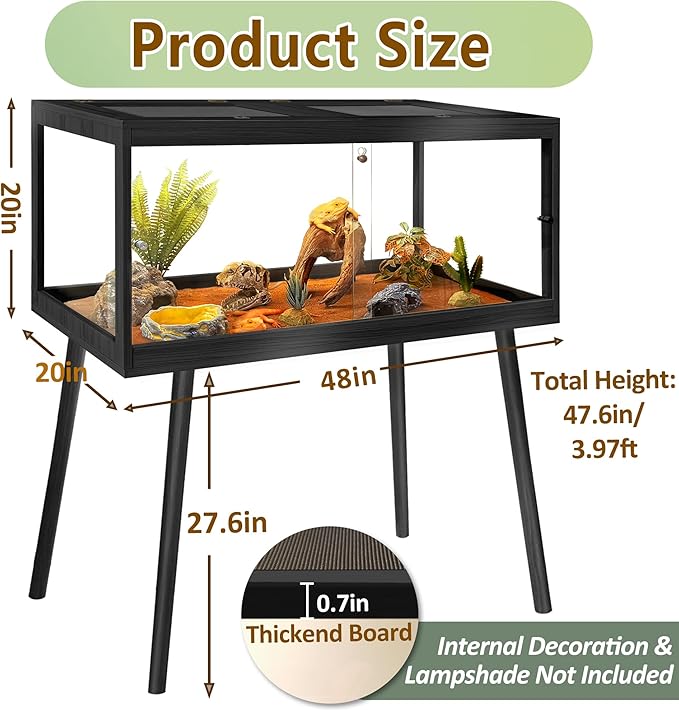PROLEE Tempered Glass Reptile Enclosure with Leg,48“ Scratch-Proof Bearded Dragon Tank,79 Gallon Lizard Tank with Metal Mesh Tops and Lockable Door,Spacious Reptile Habitat for Snake,Lizard (Black)