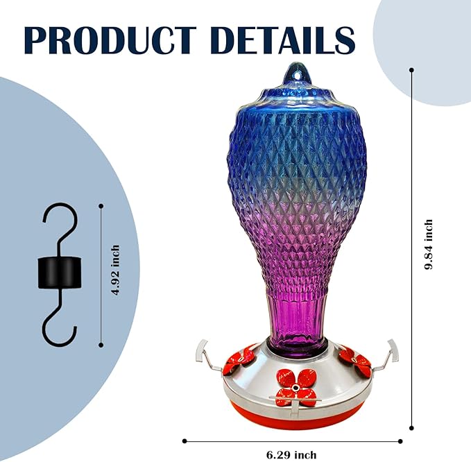 Hummingbird Feeder for Outdoors,17 OZ Glass Humming Bird Feeder for Garden,Backyard Decor,Four Flowers Feeding Ports,Leak Proof,Ant Moat Included,Humming Gifts for Women