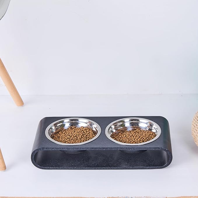 Black Marble Elevated Dog Bowls Set - 2 Thick 6" Stainless Steel Puppy Food Bowl with Non-Slip Raised Holder Stand, Double Feeding Bowls for Food and Water, Suitable for Cats and Small Medium Pet